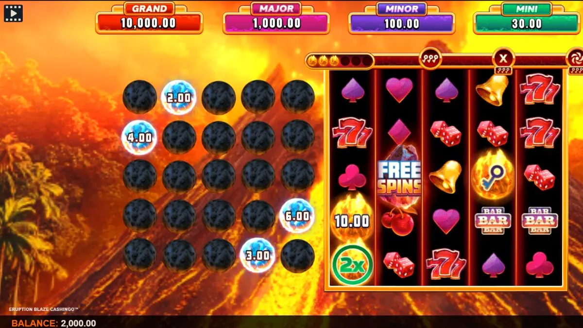 Eruption Blaze Cashingo slot machine interface na may volcanic theme at gold coins