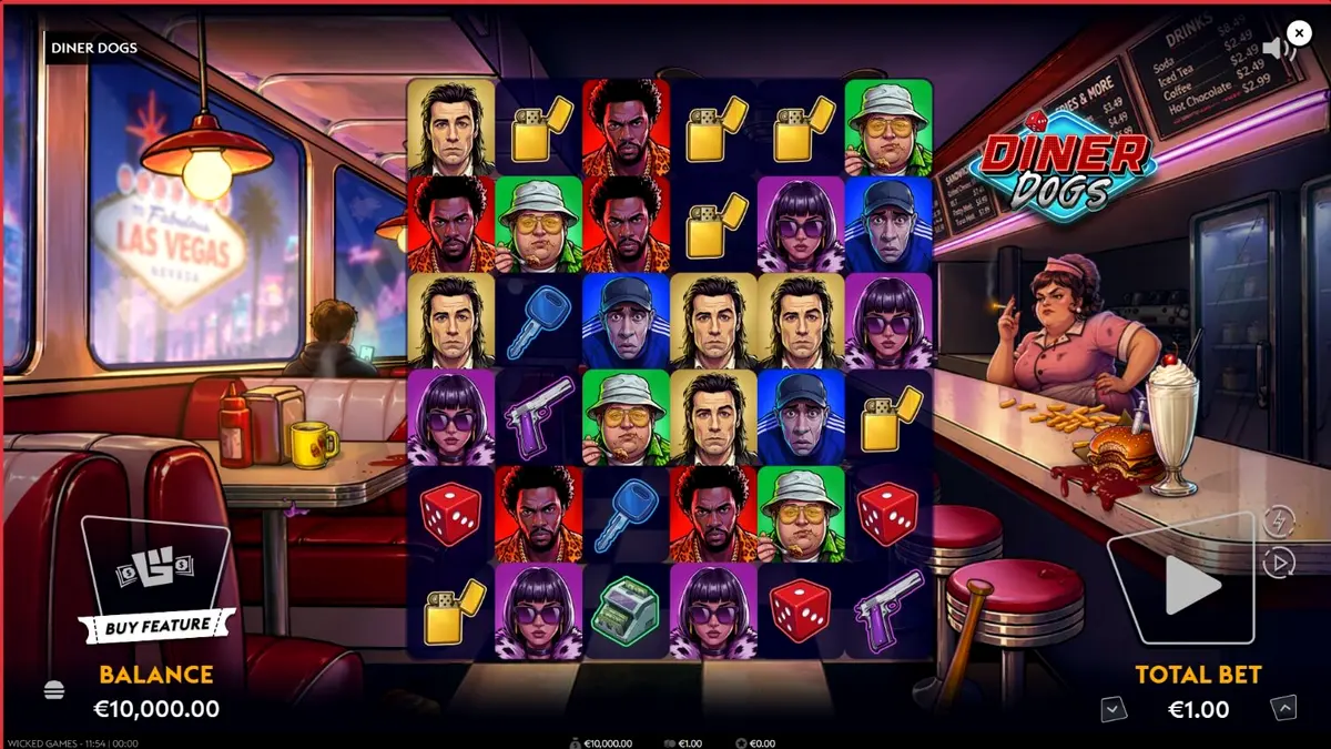 Isang madilim at retro na 1950s noir diner slot machine na may temang heist.