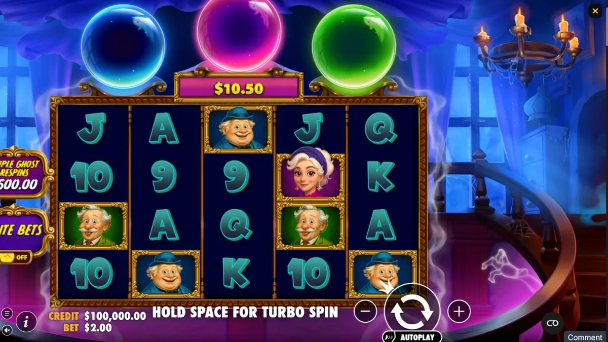 Isang makulay na eksena mula sa Great Ghosts slot na nagpapakita ng mga cartoonish na multo at mahiwagang kristal sa isang haunted manor.