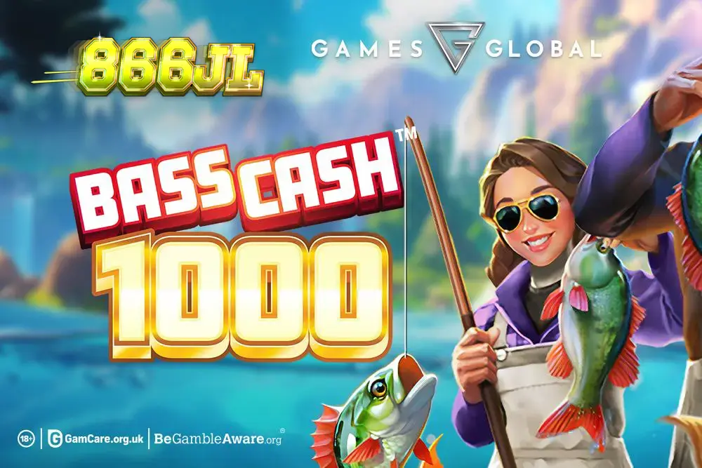 Isang makulay na screen ng slot game na Bass Cash 1000 na nagpapakita ng mga simbolo ng isda at pangingisda.